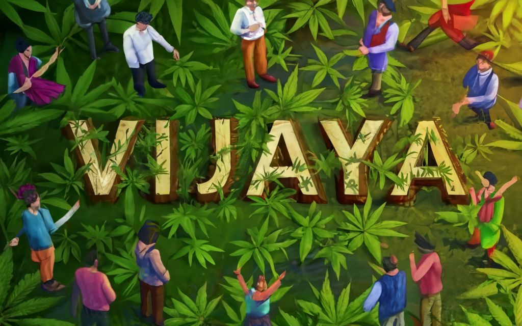 Vijaya Leaf text on the ground in the center of a crowd standing
