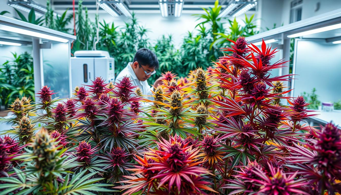 A vibrant scene showcasing a diverse collection of Indian cannabis landraces in a modern breeding laboratory, featuring colorful plants with unique leaf shapes and textures, scientists examining them under bright lights, surrounded by advanced genetic testing equipment, lush greenery in the background, the setting infused with a sense of innovation and preservation, ethereal lighting casting shadows on the workspace, showcasing the fusion of tradition and modernity. THC STORE INDIA.