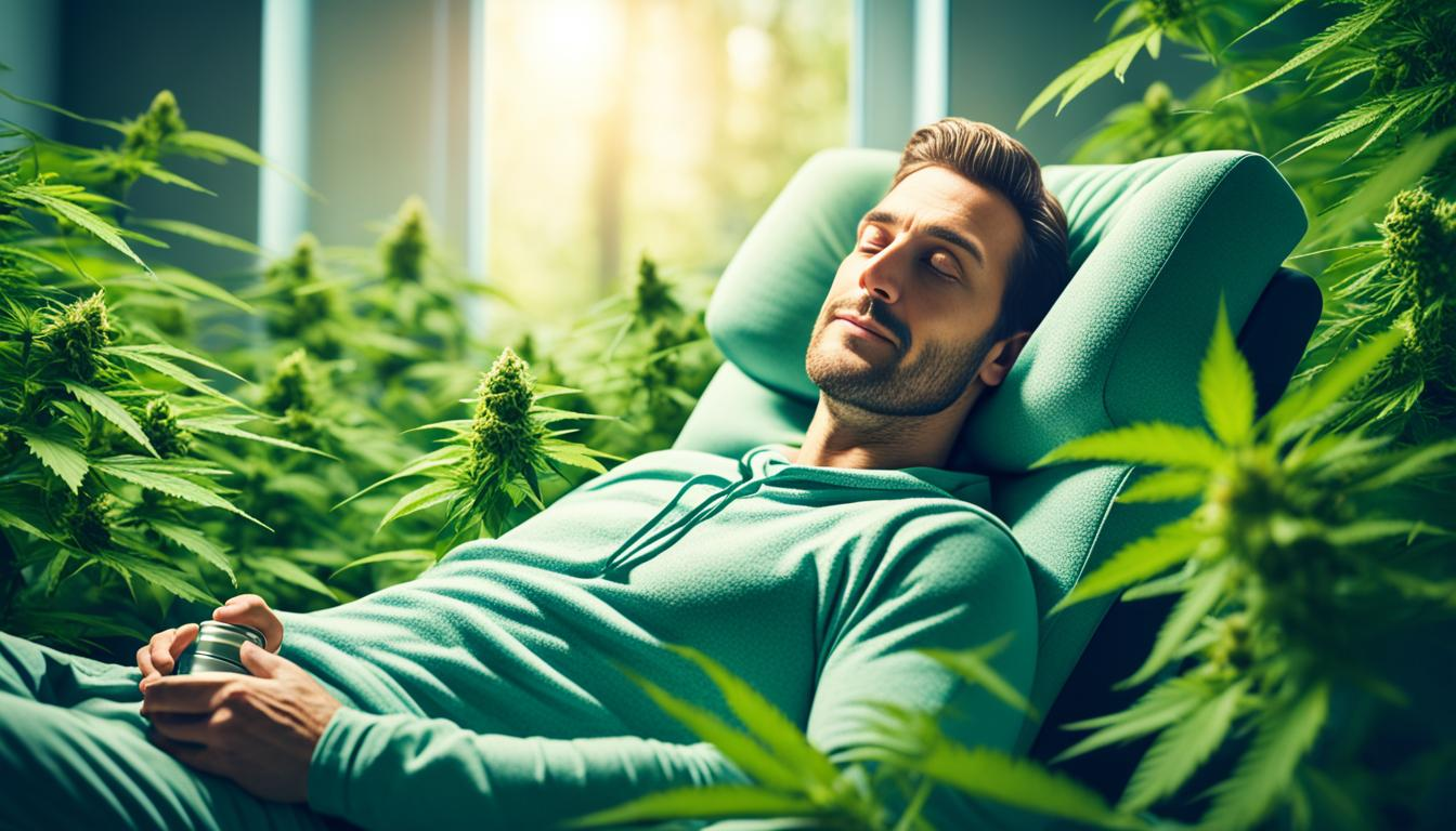 Create an image of a person reclining in a comfortable chair with a look of relief on their face as they hold a cup of tea in one hand and a medical cannabis product in the other. The scene should be warm and cozy, with soft lighting and natural elements like plants or flowers to suggest healing and relaxation. The medical cannabis product should be prominently featured and labeled clearly so that viewers understand its purpose. Overall, the image should convey a sense of calm and comfort in the face of chemotherapy-induced nausea and vomiting.