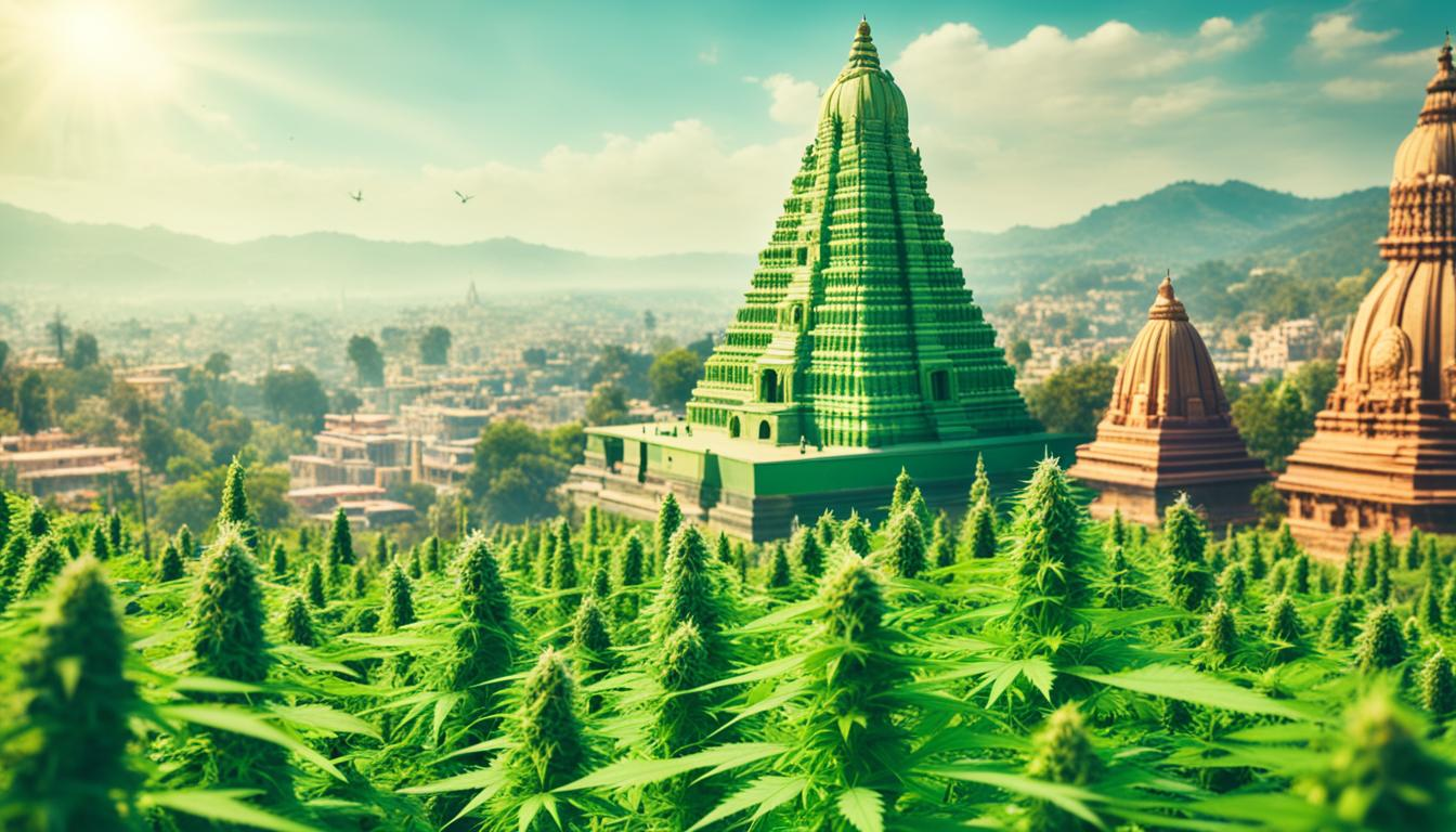 A lush green field with towering cannabis plants, sprouting freely under the sun. An ancient Indian temple in the background, representing the long history of cannabis use in India for medicinal and spiritual purposes. The temple is surrounded by a bustling city, symbolizing modern India's changing attitudes towards cannabis. In the foreground, a group of people of all ages and backgrounds join hands in unity, celebrating the recent legalization of cannabis in India. The scene captures a hopeful and empowering moment in India's ongoing journey towards cannabis freedom.