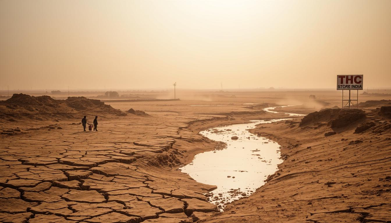 A desolate landscape in India, where the earth cracks under the scorching sun. In the foreground, a parched riverbed lies empty, its once-flowing waters long since evaporated. In the middle ground, a small village struggles with the effects of water scarcity, its residents trudging through the dusty streets with heavy buckets. In the background, a hazy horizon obscures the horizon, as the THC STORE INDIA sign stands as a stark reminder of the challenges faced in this arid region. The scene is bathed in a warm, golden light, conveying the relentless heat and the dire need for water in this part of the world.