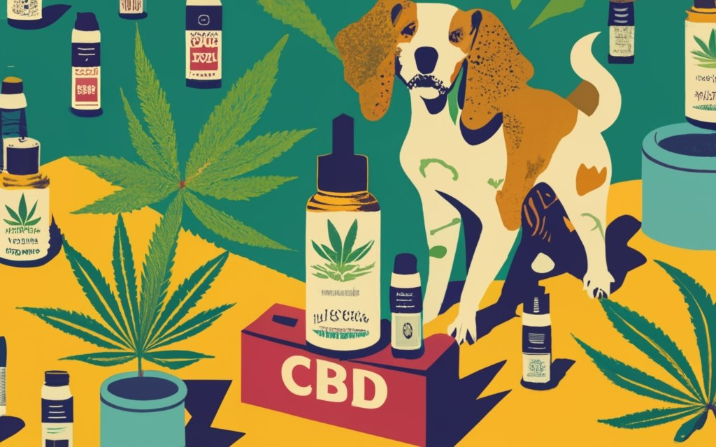 text on the centre - ""CBD FOR PETS"" - image of pets, besides cannabis plants, with CBD bottles around and cannabis leaves all over, bright background, cannabis plants in the background, products all over too, high detail, typography, conceptual art, illustration