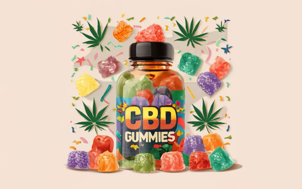 "CBD Gummies" - Text with no tagline. with bottle with no label of cbd gummies in the background is images of CBD Gummies and Cannabis leaves in patchwork art style, divided in differents seccions with diferents styles of patchwork in very colorfull, conceptual art, anime, vibrant