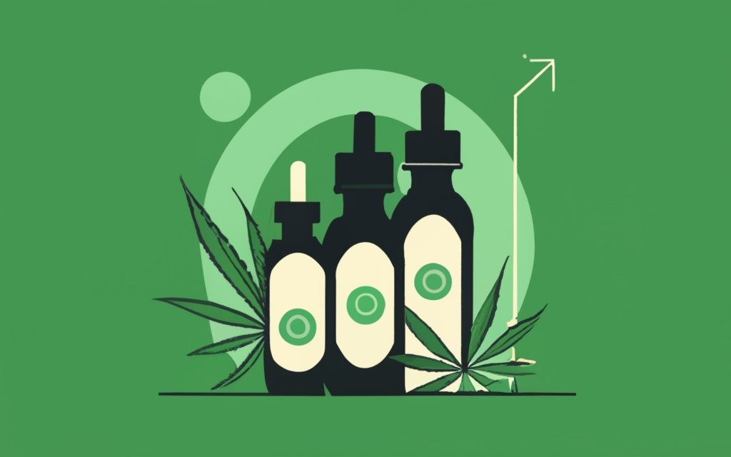 an image multiple cbd oil bottle with circles behind them - cbd oil in centre, hemp plant leaves on the side, add a line showing price like a stock chart going up and down -with text in the bottom saying" HIGH PRICE OF CBD", conceptual art, illustration, typography
