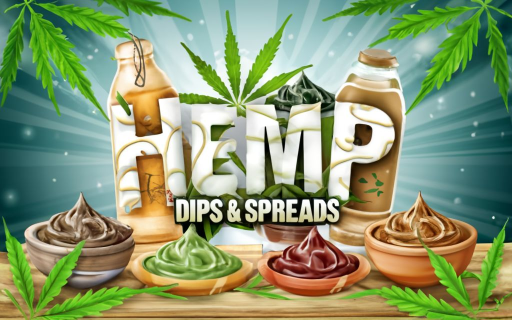 "HEMP SPREADS & DIP " - Text with no tagline. with bottles and bowls, in the cannabis leaf background and Hemp SPREADS & DIP with food items.
