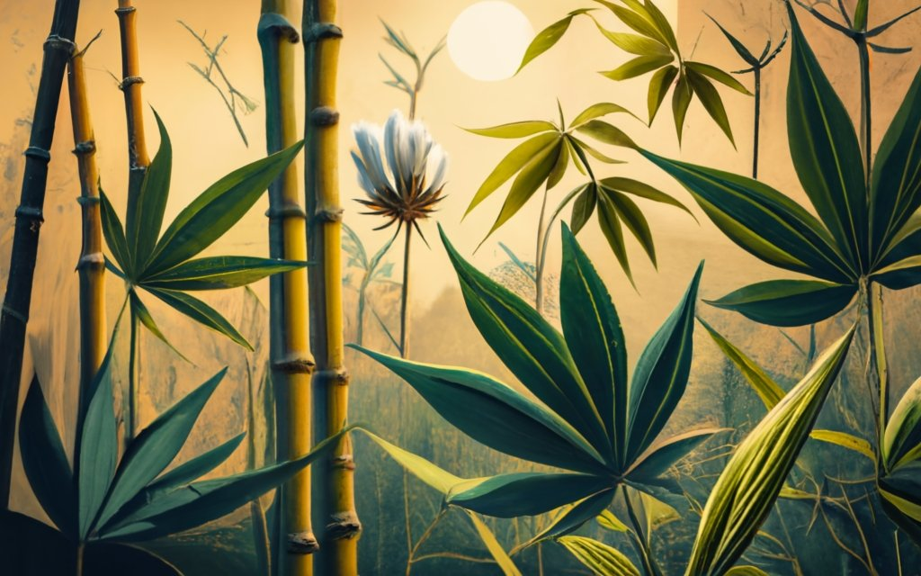 This visually stunning image divides into three sections, artfully showcasing the rugged texture of hemp leaves, the softness of bursting cotton bolls, and the graceful sway of bamboo stalks. Set against a serene botanical garden bathed in warm sunlight, it blends photography with 3D rendering, with subtle typography, creating a tranquil and natural masterpiece of conceptual art and illustration.