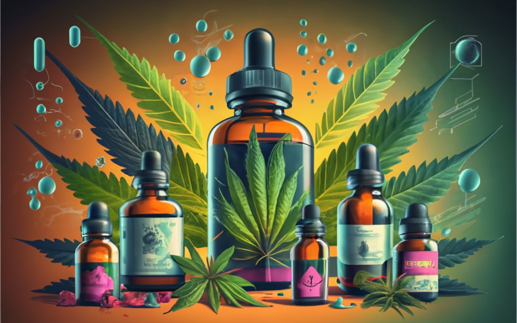 Vijaya leaf Extract, Cannabis leaf background with multiple tinctures bottles, and Vijaya leaf Extract Bottles., vibrant, conceptual art, illustration, product, typography, Discover the Benefits of Vijaya(Cannabis) Leaf Extract