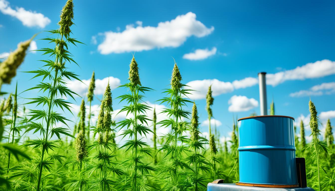 A lush field of hemp plants towering over an oil drum and a gas pump, symbolizing the potential of hemp biofuel to reduce dependence on fossil fuels. The sky is clear and blue in the background, indicating reduced air pollution.