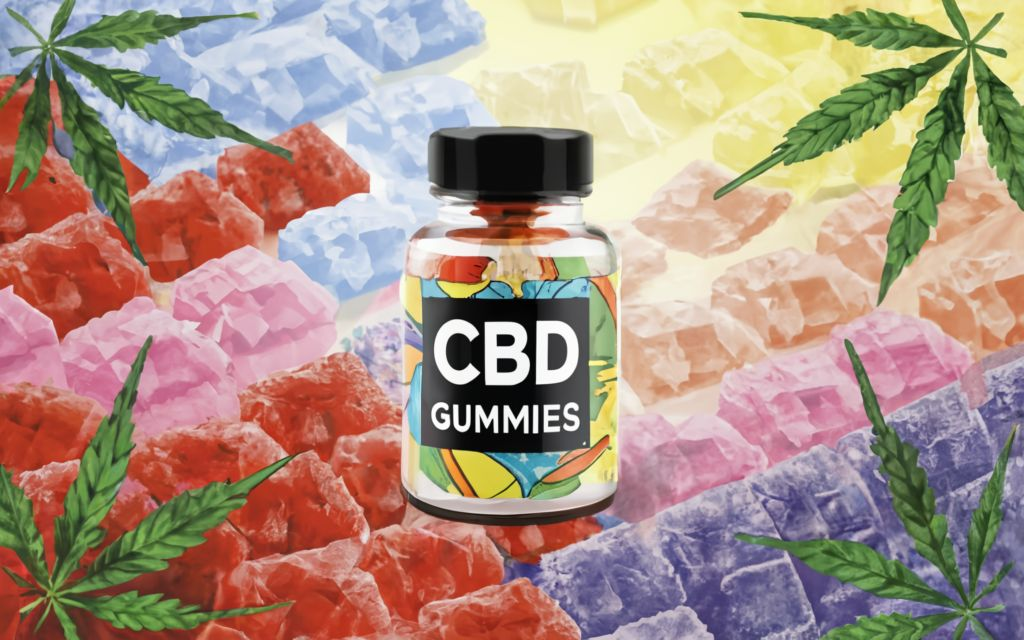 "CBD Gummies" - Text with no tagline. with bottle with no label of cbd gummies in the background is images of CBD Gummies and Cannabis leaves in patchwork art style, divided in differents seccions with diferents styles of patchwork in very colorfull, conceptual art, anime, vibrant