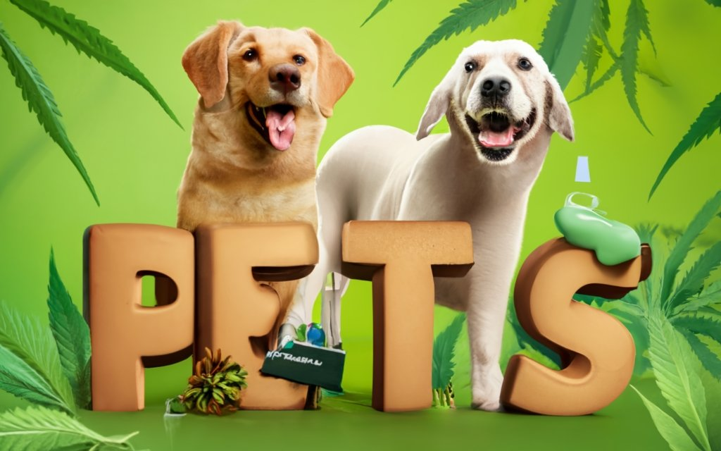 TEXT - 'HEMP SEED OIL FOR PETS' - high detail pet standing, excited to get the CBD oil drops, background can contain hemp leaves, hemp plant, other types of pets., 3d render, typography, illustration