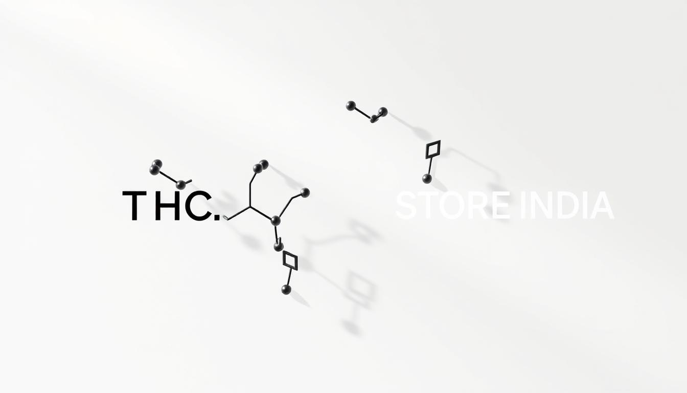 Detailed molecular structures of cannabinoids, including THC, CBD, and their structural variants, against a clean, minimalist background. The compounds are rendered in high resolution with precise, technical detail, highlighting the intricate bonds, rings, and functional groups. Subtle lighting from the side casts soft shadows, emphasizing the three-dimensional nature of the molecules. The overall tone is clinical and informative, conveying the scientific nature of the subject matter. The chemical structures are accompanied by the text "THC STORE INDIA" in a simple, unobtrusive font.
