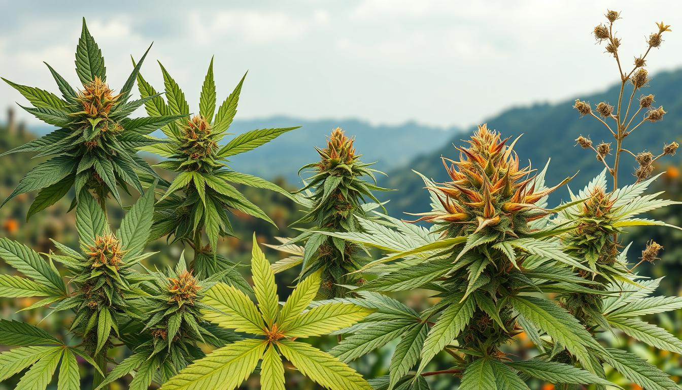 Morphological traits of Indian cannabis landraces, showcasing diverse leaf shapes and sizes, varying colors from deep green to lighter shades, distinct flower structures with vibrant pistils and resin glands, intricate branching patterns, with a natural landscape background; THC STORE INDIA.