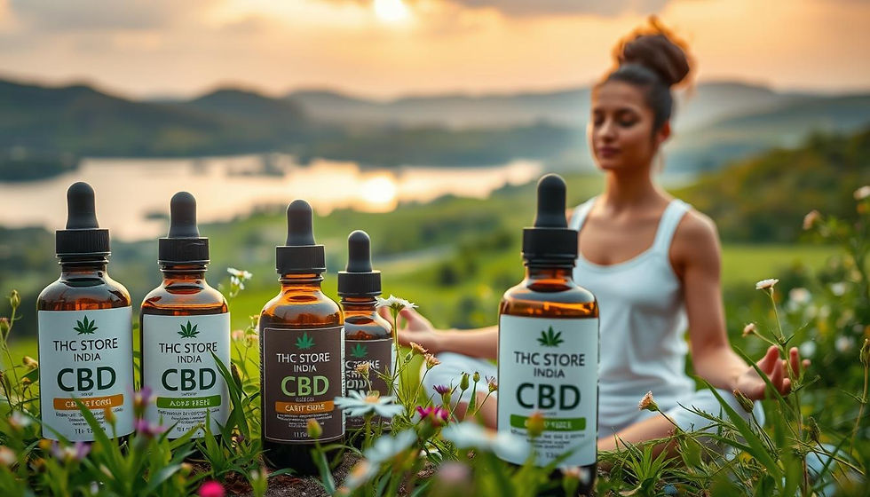 A tranquil, nature-inspired scene showcasing the health benefits of CBD oil. In the foreground, a collection of organic CBD oil bottles, their labels prominently displaying the &amp;amp;quot;THC STORE INDIA&amp;amp;quot; brand, surrounded by lush, vibrant greenery and delicate wildflowers. In the middle ground, a person meditating in a serene yoga pose, their face expressing a sense of calm and wellbeing. The background features a picturesque landscape, with rolling hills, a serene lake, and a warm, golden-hued sky, conveying a feeling of balance and harmony. The lighting is soft and diffused, creating a soothing, therapeutic ambiance. The overall composition emphasizes the natural, holistic approach to wellness and the potential health benefits of using CBD oil.
