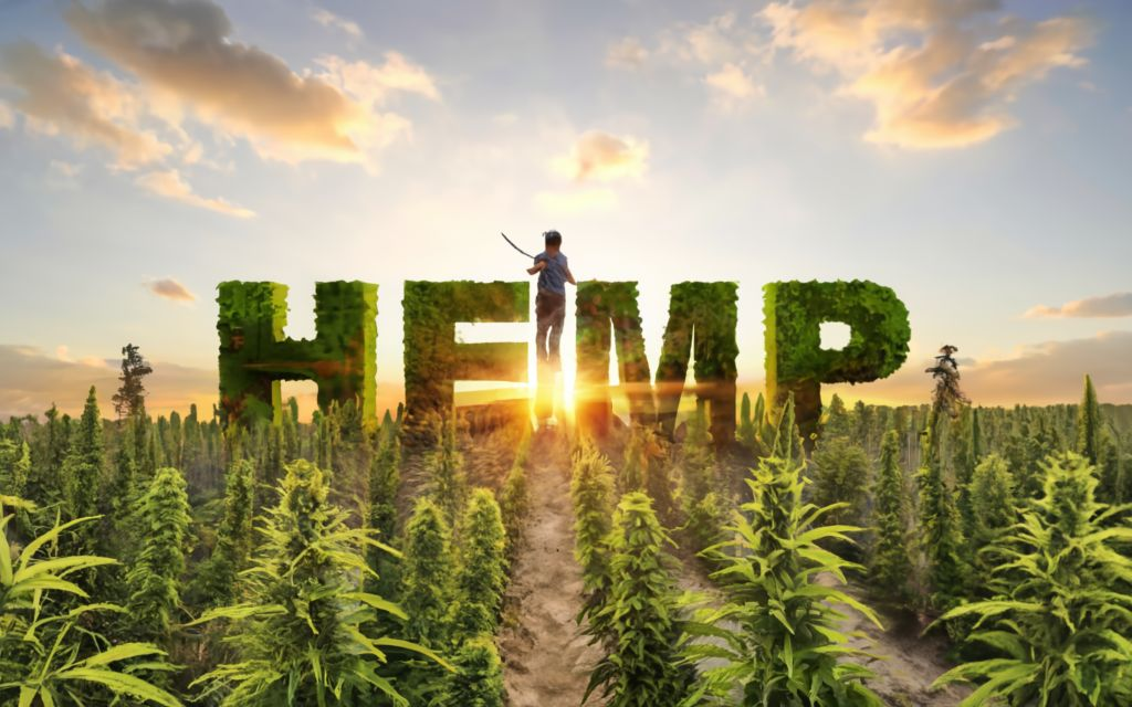 "HEMP", TITLE in the bottom - with hemp field in the backgrround with farmers working on the field, illustration, vibrant, conceptual art, 3d render, typography