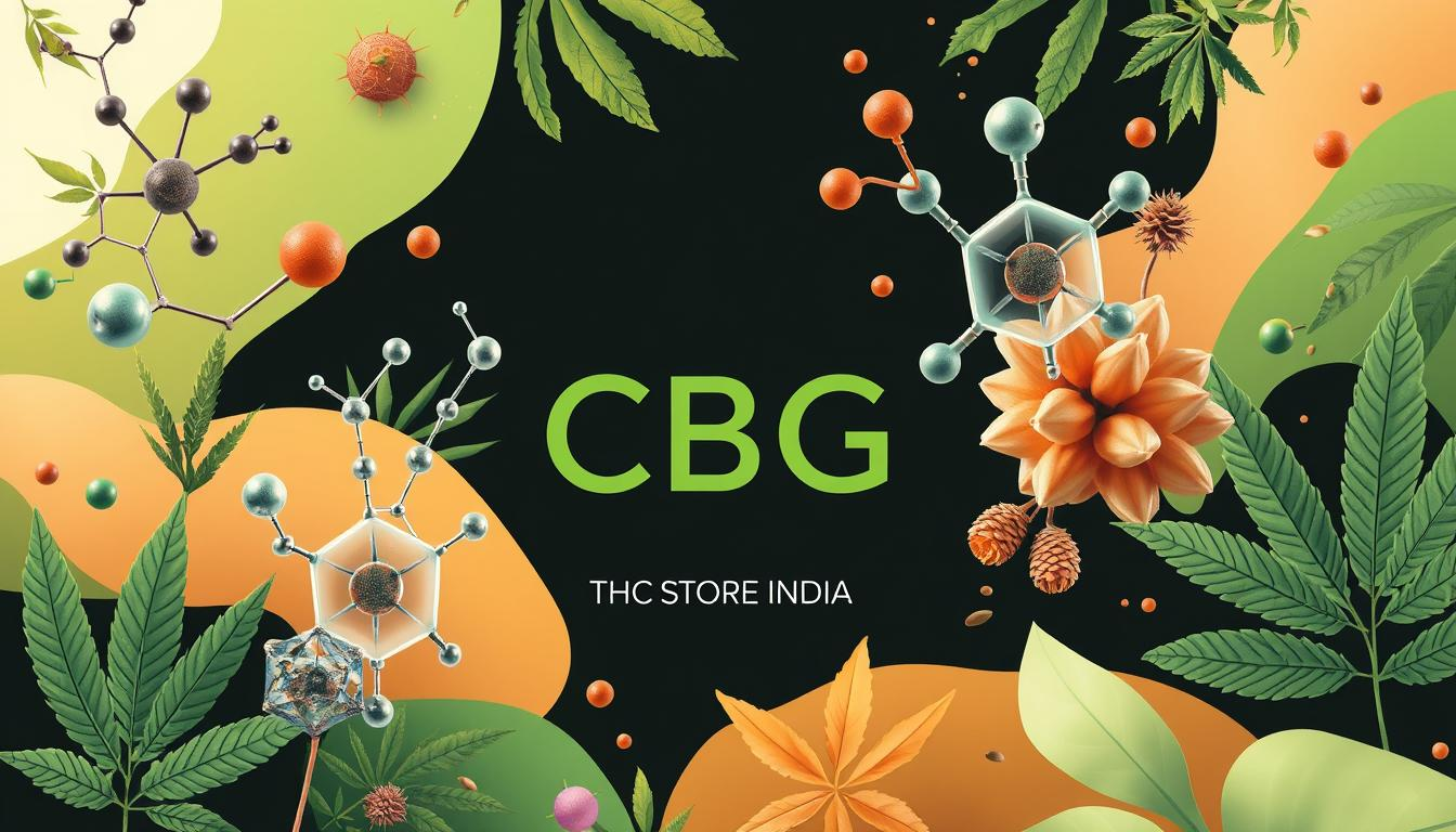 A vibrant, artistic representation of various cannabinoids, including CBG, with abstract molecular structures and organic plant elements in a visually striking composition, emphasizing the non-psychoactive nature of CBG. Include soft greens and earthy tones to convey a sense of health and wellness, with the brand name "THC STORE INDIA" subtly integrated into the design without text.