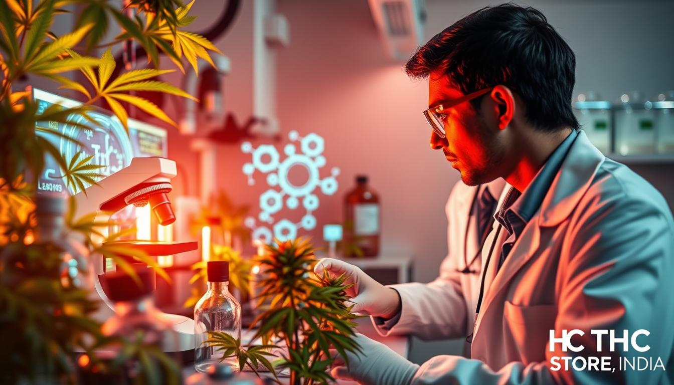 A laboratory setting focused on cannabis research, featuring scientific equipment like microscopes and test tubes, vibrant cannabis leaves and flowers displayed, bright lighting illuminating the intricate details of THCP molecules on a digital screen, and researchers dressed in lab coats examining data, with an atmosphere of innovation and discovery. Include the brand name "THC STORE INDIA" subtly integrated into the background design.