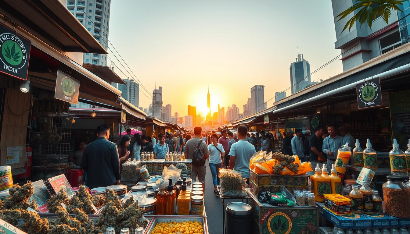 A street market in Bangkok, Thailand, bustling with vendors selling various hemp products. In the foreground, a colorful display of dried cannabis buds, oils, and edibles, all adorned with the logo &amp;quot;THC STORE INDIA&amp;quot;. In the middle ground, customers browsing the stalls, examining the merchandise with curiosity. In the background, a vibrant cityscape of high-rise buildings, with a hazy, warm sunset casting a golden glow over the scene. The atmosphere is lively and energetic, reflecting the chaotic nature of Thailand's recent cannabis legalization.