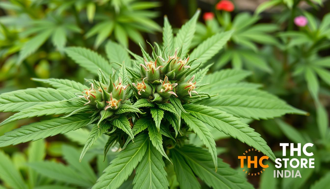 "An intricate hermaphroditic cannabis plant showcasing both male and female characteristics, with vibrant green leaves, striking pistils, and visible pollen sacs, set against a lush garden backdrop, emphasizing the unique features of the plant. THC STORE INDIA branding subtly integrated into the scene."