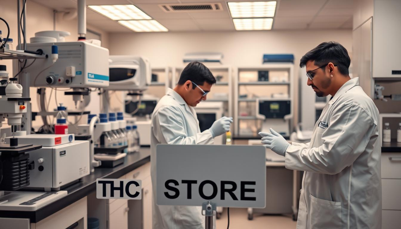 A well-equipped laboratory with advanced analytical instruments, including gas chromatography-mass spectrometry (GC-MS) and high-performance liquid chromatography (HPLC) systems. Skilled scientists in white lab coats carefully examining samples, meticulously analyzing the chemical composition to detect the presence of synthetic cannabinoids. The room is bathed in a soft, warm light, creating a serious, scientific atmosphere. In the foreground, a sign reads "THC STORE INDIA", highlighting the importance of accurate detection methods in the ongoing battle against these illicit substances.