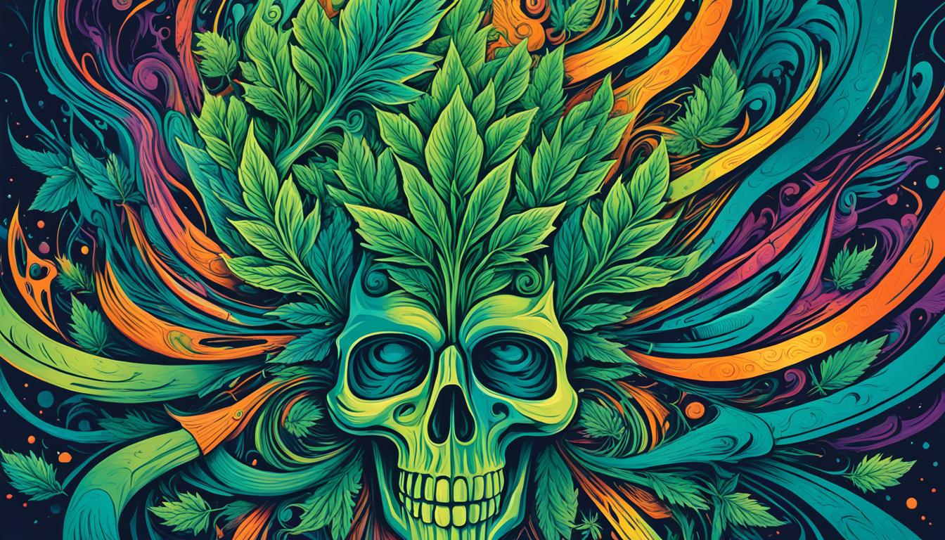 An abstract depiction of the relationship between medical cannabis and movement disorders. Use bold, contrasting colors and swirling shapes to convey the idea of cannabis as a calming influence on the body's movements. Include an image of a brain or nervous system to illustrate the science behind this effect.