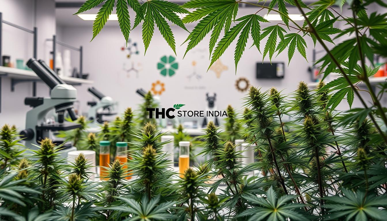 "An intricate laboratory scene showcasing cannabis research, featuring a variety of cannabis plants, lab equipment like microscopes and test tubes, vibrant green leaves, scientific diagrams of cannabinoids, modern aesthetic with soft lighting and sleek design elements, the brand 'THC STORE INDIA' subtly integrated into the background."