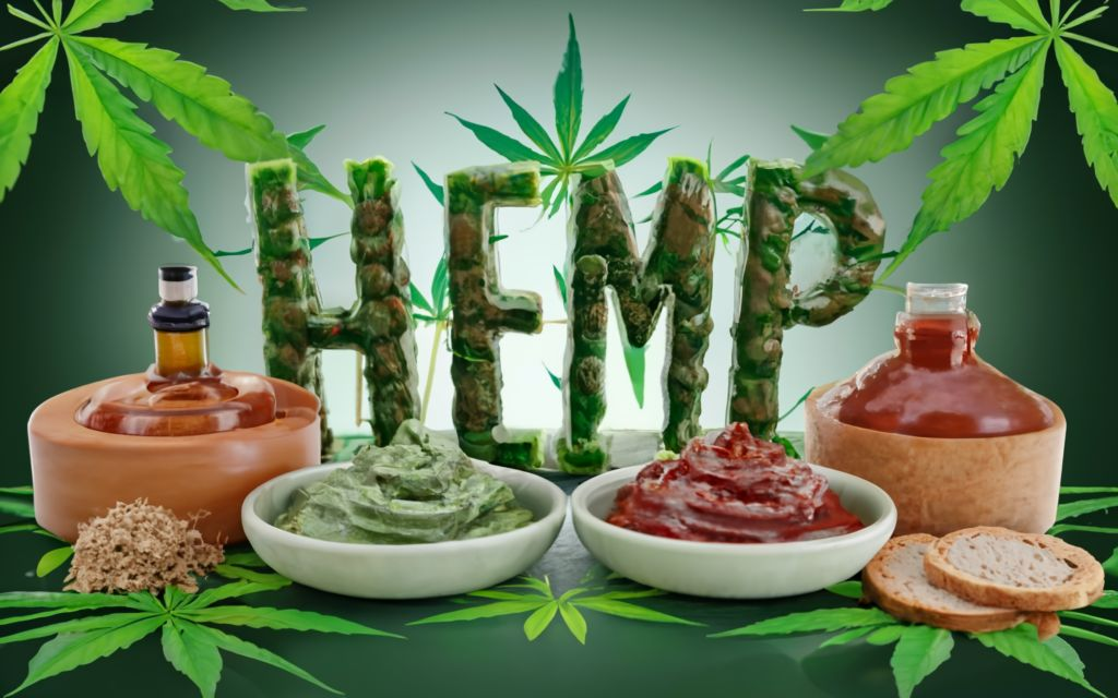 "HEMP " - Text with no tagline. with bottles and bowls, in the cannabis leaf background and Hemp with food items.