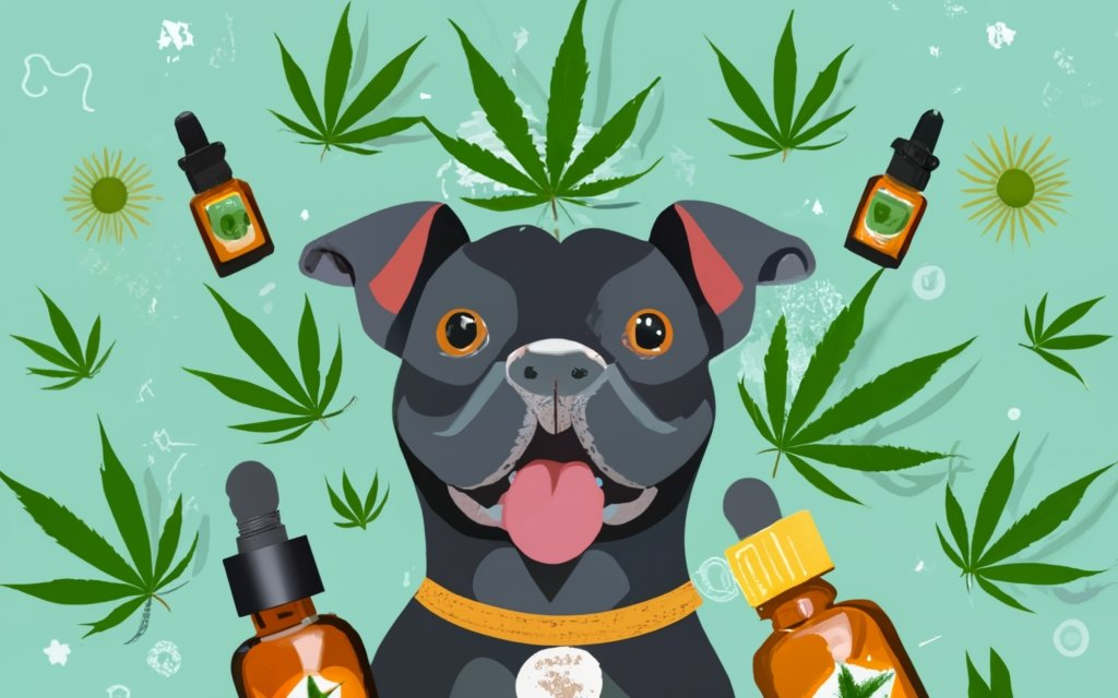 text on the centre - ""CBD FOR PETS"" - image of pets, besides cannabis plants, with CBD bottles around and cannabis leaves all over, bright background, cannabis plants in the background, products all over too, high detail, typography, conceptual art, illustration