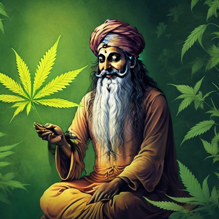 Sadhu holding a cannabis leaf with cannabis leaf background