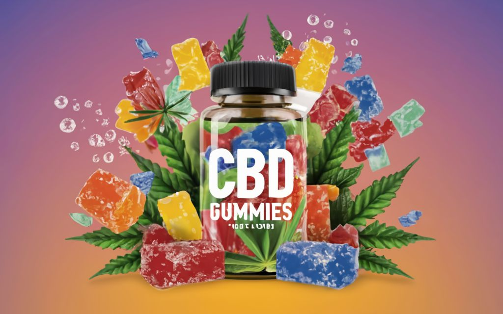 "CBD Gummies" - Text with no tagline. with bottle with no label of cbd gummies in the background is images of CBD Gummies and Cannabis leaves in patchwork art style, divided in differents seccions with diferents styles of patchwork in very colorfull, conceptual art, anime, vibrant