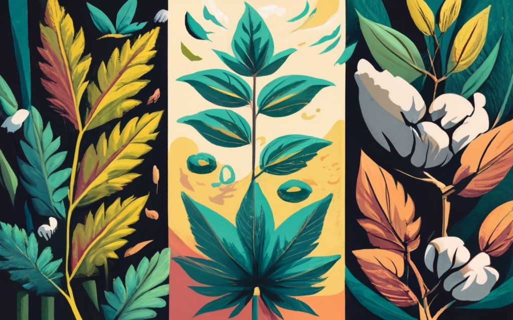 This visually stunning image divides into three sections, artfully showcasing the rugged texture of hemp leaves, the softness of bursting cotton bolls, and the graceful sway of bamboo stalks. Set against a serene botanical garden bathed in warm sunlight, it blends photography with 3D rendering, with subtle typography, creating a tranquil and natural masterpiece of conceptual art and illustration.