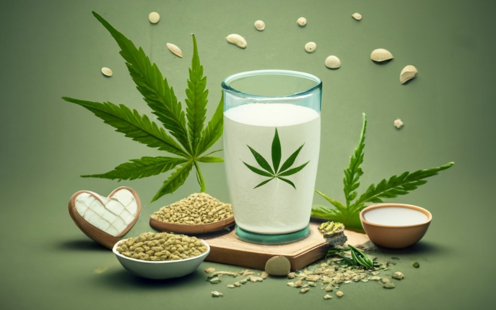 create an image of a Glass of hemp milk, with a bowl of hemp seeds, a bowl of hemp hearts, hemp leaves around in the background, with a title - "HEMP MILK" in the center. , typography, 3d render, conceptual art, illustration