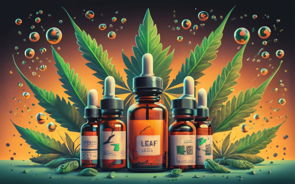 Vijaya leaf Extract, Cannabis leaf background with multiple tinctures bottles, and Vijaya leaf Extract Bottles., vibrant, conceptual art, illustration, product, typography, Discover the Benefits of Vijaya(Cannabis) Leaf Extract
