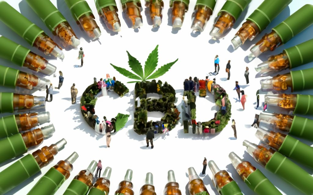 typograpgy TITLE IN THE CENTER _ "CBD ". Cannabis leaf background, no sticker/label on bottles. products. bottle is bigger in size than people. cannabis medicines all around in the image., conceptual art, 3d render, typography, vibrant