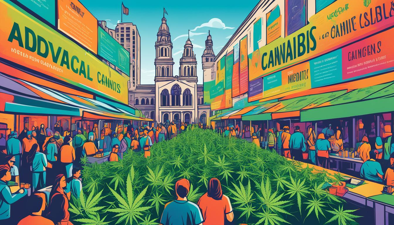 A vibrant and bustling marketplace filled with various cannabis products being sold by vendors and shoppers. In the background, a silhouette of a legal document or court building to represent India's legal stance on medical cannabis. Colorful banners or signs promoting cannabis education and advocacy can be seen in the surroundings.