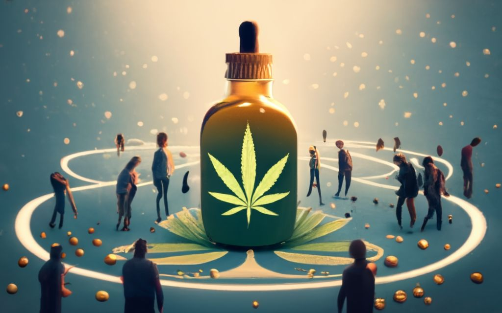 Vijaya Leaf extract bottle in the center of a crowd surrounding