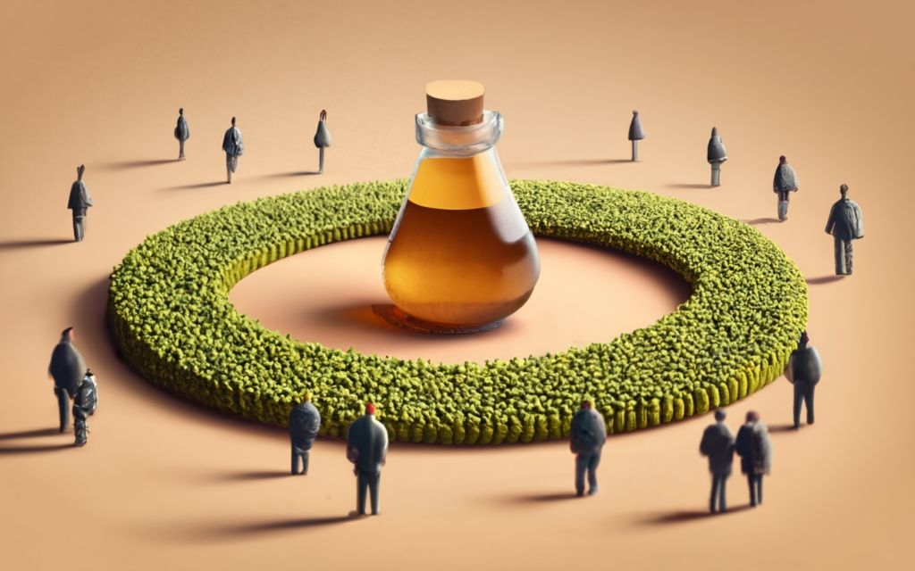 Vijaya Leaf extract bottle in the center of a crowd surrounding