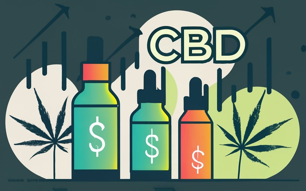 an image multiple cbd oil bottle with circles behind them - cbd oil in centre, hemp plant leaves on the side, add a line showing price like a stock chart going up and down -with text in the bottom saying" HIGH PRICE OF CBD", conceptual art, illustration, typography