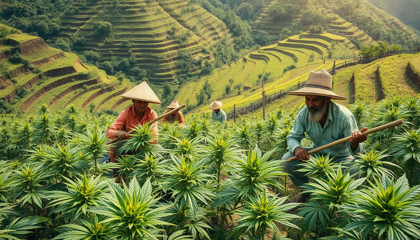 Traditional Indian farmers cultivating cannabis landraces in lush green fields, showcasing ancient farming techniques, terraced landscapes, organic practices, natural sunlight, vibrant plants with distinctive leaves, traditional wooden tools, and a serene rural environment, THC STORE INDIA.
