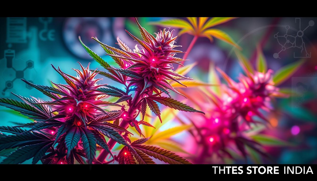 "Intricate cellular structure of cannabis plants with a focus on epigenetic modifications, vibrant colors highlighting gene expression, abstract DNA strands intertwining with green leaves, scientific elements like microscope images and molecular diagrams in the background, ethereal lighting creating a mystical atmosphere, THC STORE INDIA branding subtly integrated into the design."