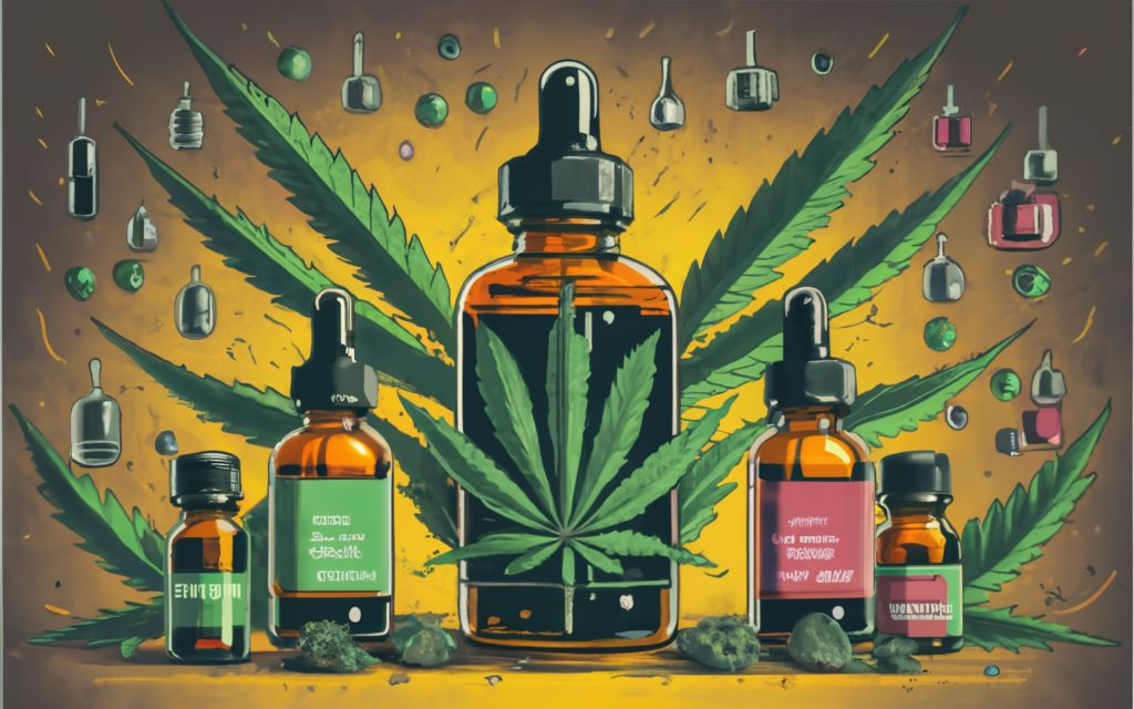 Vijaya leaf Extract, Cannabis leaf background with multiple tinctures bottles, and Vijaya leaf Extract Bottles., vibrant, conceptual art, illustration, product, typography, Discover the Benefits of Vijaya(Cannabis) Leaf Extract