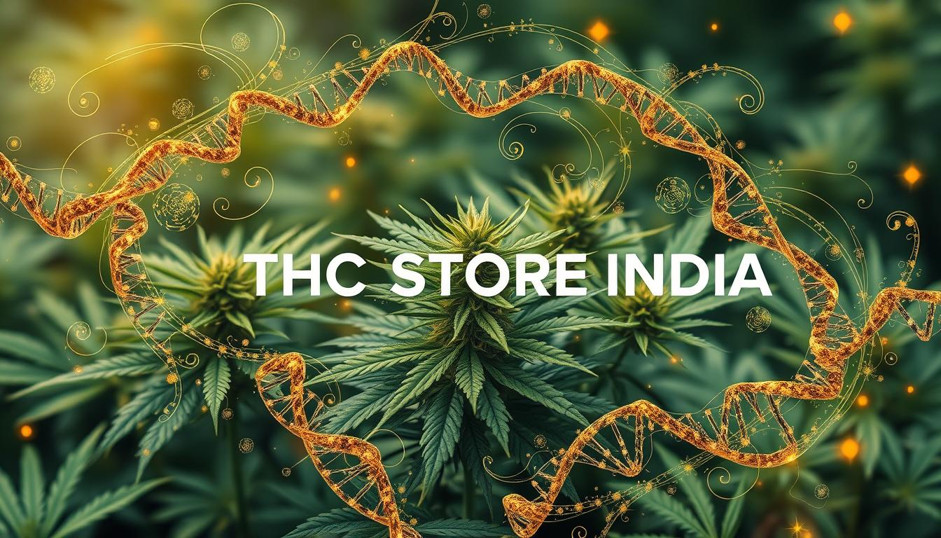 "An intricate illustration of cannabis plants surrounded by swirling patterns of DNA strands and epigenetic markers, with a vibrant color palette emphasizing green and gold hues, symbolizing genetic inheritance and evolution in nature, set against a soft focus botanical background. Include the brand name 'THC STORE INDIA' subtly integrated into the natural landscape."