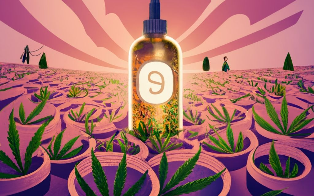 Vijaya Leaf extract bottle in the center of a cannabis plants in pot surrounding