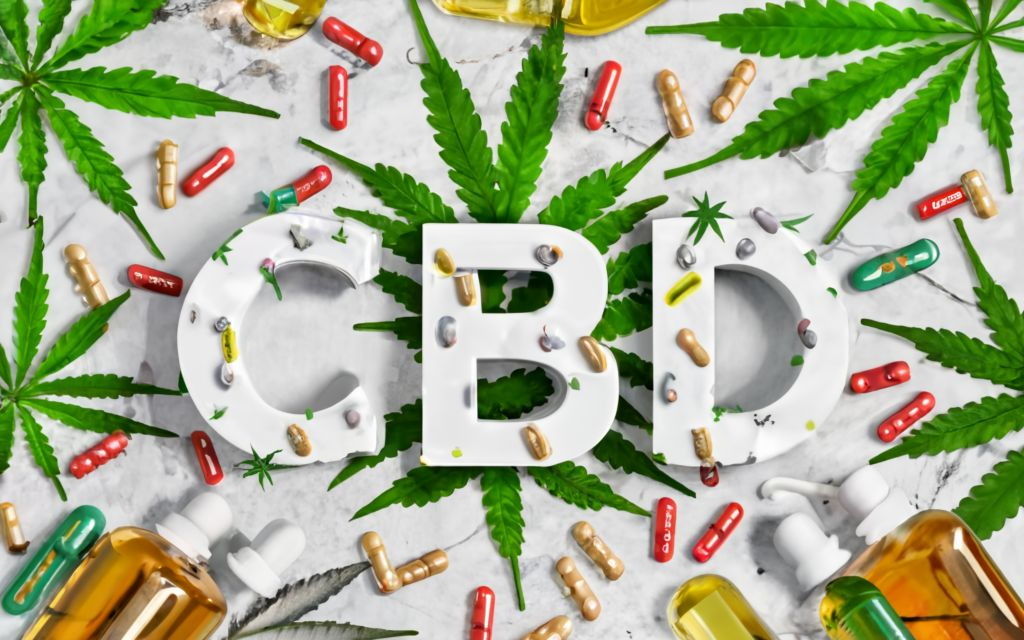 typograpgy TITLE IN THE CENTER _ "CBD ". Cannabis leaf background, no sticker/label on bottles. products. bottle is bigger in size than people. ayurvedic medicines all around in the image., conceptual art, 3d render, typography, vibrant