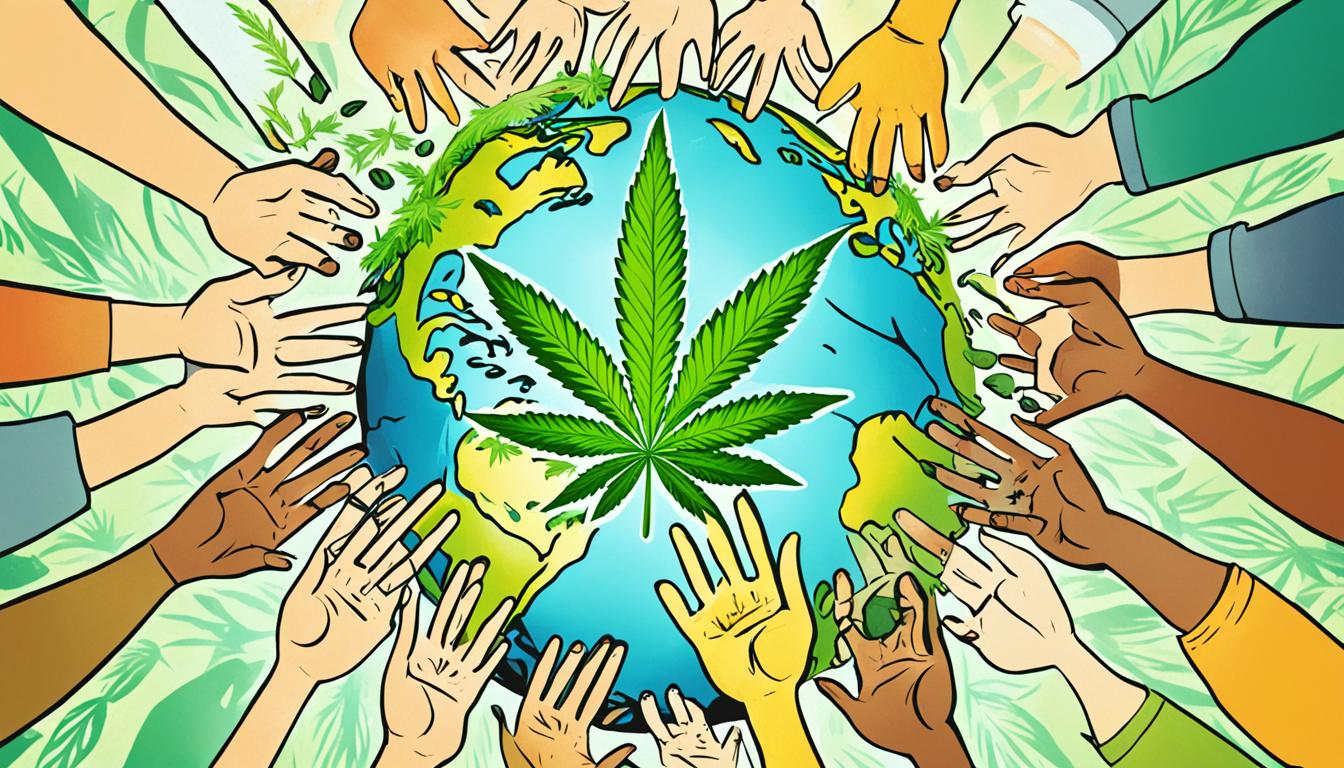 A globe in the center, surrounded by hands of different skin colors, all holding a cannabis leaf together.