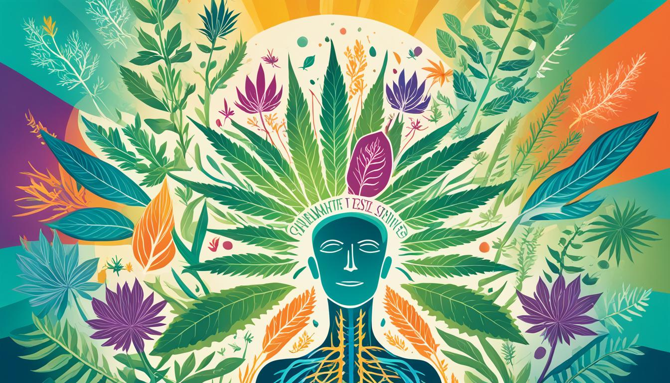 A colorful illustration of various plants and flowers native to India, with a focus on those with known medicinal properties. In the center, a silhouette of a person with outstretched arms radiating lines that represent positive effects on their mind and body. Surrounding them are images of scientific research related to the medical benefits of cannabis, including brain scans and lab equipment used for testing. The overall tone should be uplifting and informative, emphasizing the potential for positive change through continued study and exploration of this important topic.