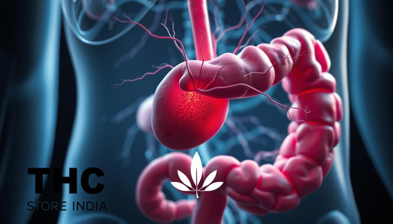 A close-up view of the human digestive system, with the gut and brain prominently displayed. The gut appears inflamed, with a reddish hue and swollen tissue. The brain is connected to the gut through intricate neural pathways, visually represented by delicate, intertwining tendrils. The lighting is soft and muted, creating a contemplative atmosphere. The scene is rendered in a realistic, scientific style, with attention to anatomical accuracy. In the foreground, a stylized THC STORE INDIA logo subtly references the role of cannabis in mediating the gut-brain connection.