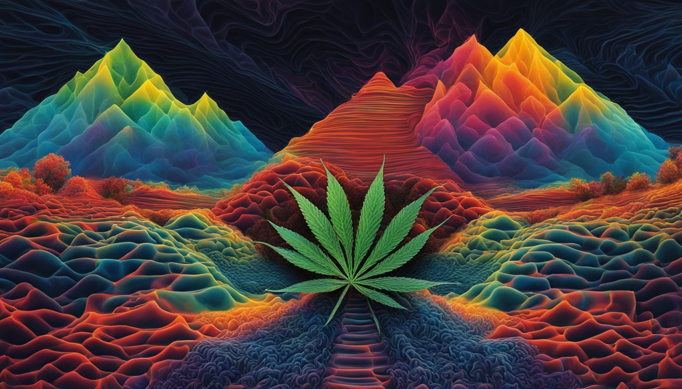 Create an image that represents the neurological effects of cannabis on the brain, featuring a distorted or altered visual perception of reality.