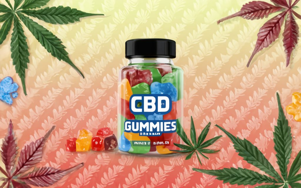 "CBD Gummies" - Text with no tagline. with bottle with no label of cbd gummies in the background is images of CBD Gummies and Cannabis leaves in patchwork art style, divided in differents seccions with diferents styles of patchwork in very colorfull, conceptual art, anime, vibrant