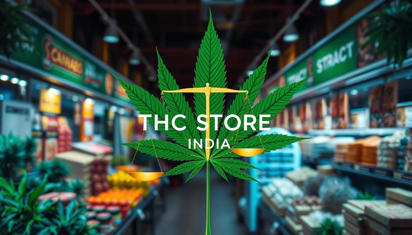 "An artistic representation of cannabis leaves symbolizing the unique cannabinoid THCV, interspersed with scales of justice to signify legal status, set against a vibrant backdrop of a modern cannabis marketplace. Include subtle elements that evoke a sense of legality and regulation, such as government buildings or law books, all framed by the brand name 'THC STORE INDIA' in a sophisticated style."