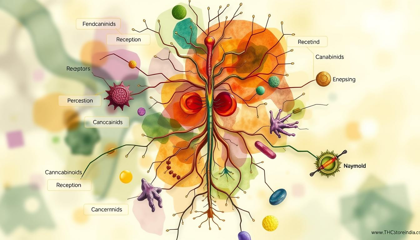 Detailed illustration of the endocannabinoid system, showcasing the receptors, cannabinoids, and enzymes involved, with an artistic blend of colors representing the interaction of these components; include a label for "THC Store India" subtly integrated into the design without any text or captions.